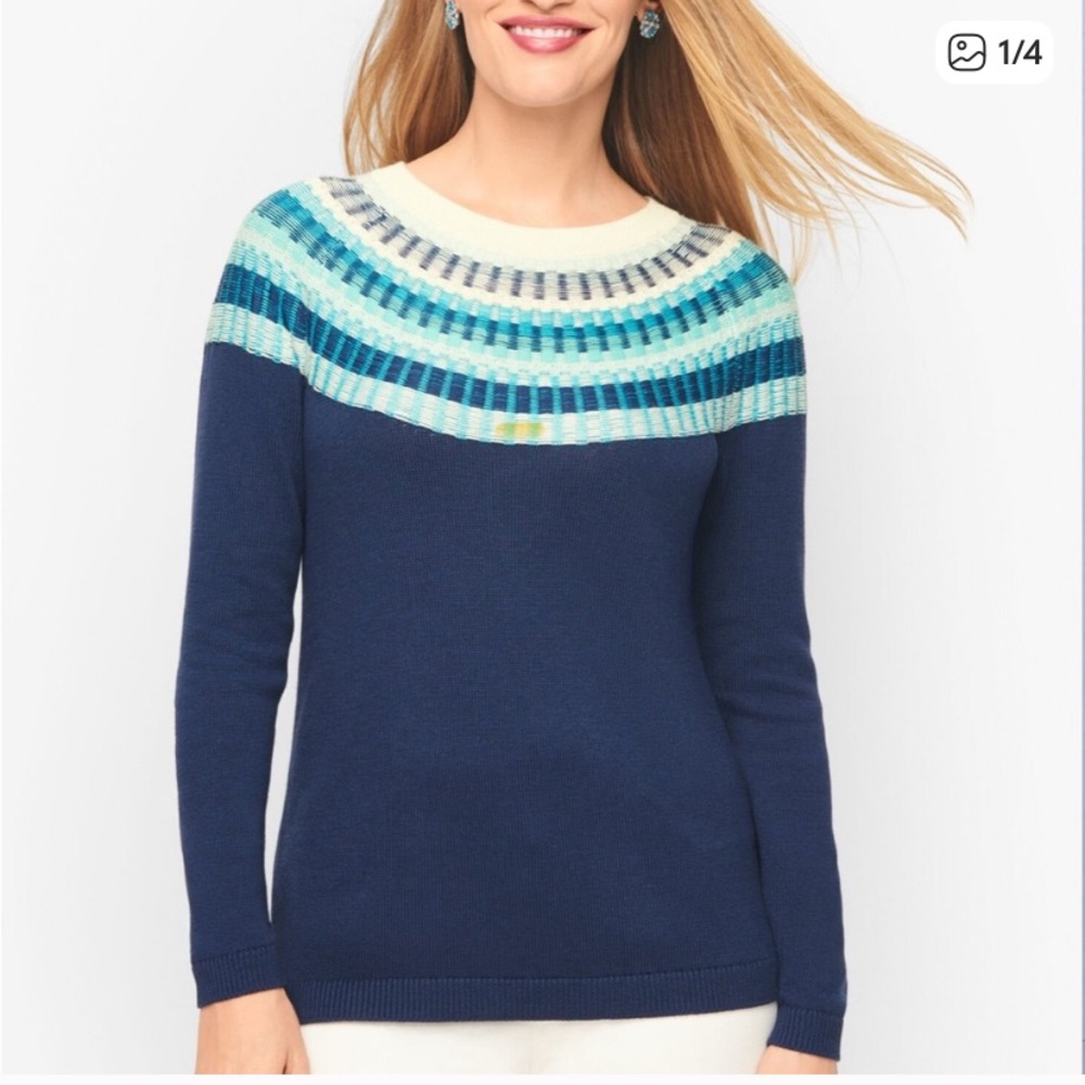 🆕 Talbots Navy Blue Fair Isle Crewneck Sweater
